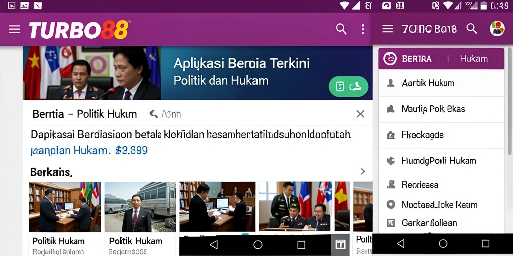 Antarmuka aplikasi TURBO88 menampilkan berita politik dan hukum terkini.